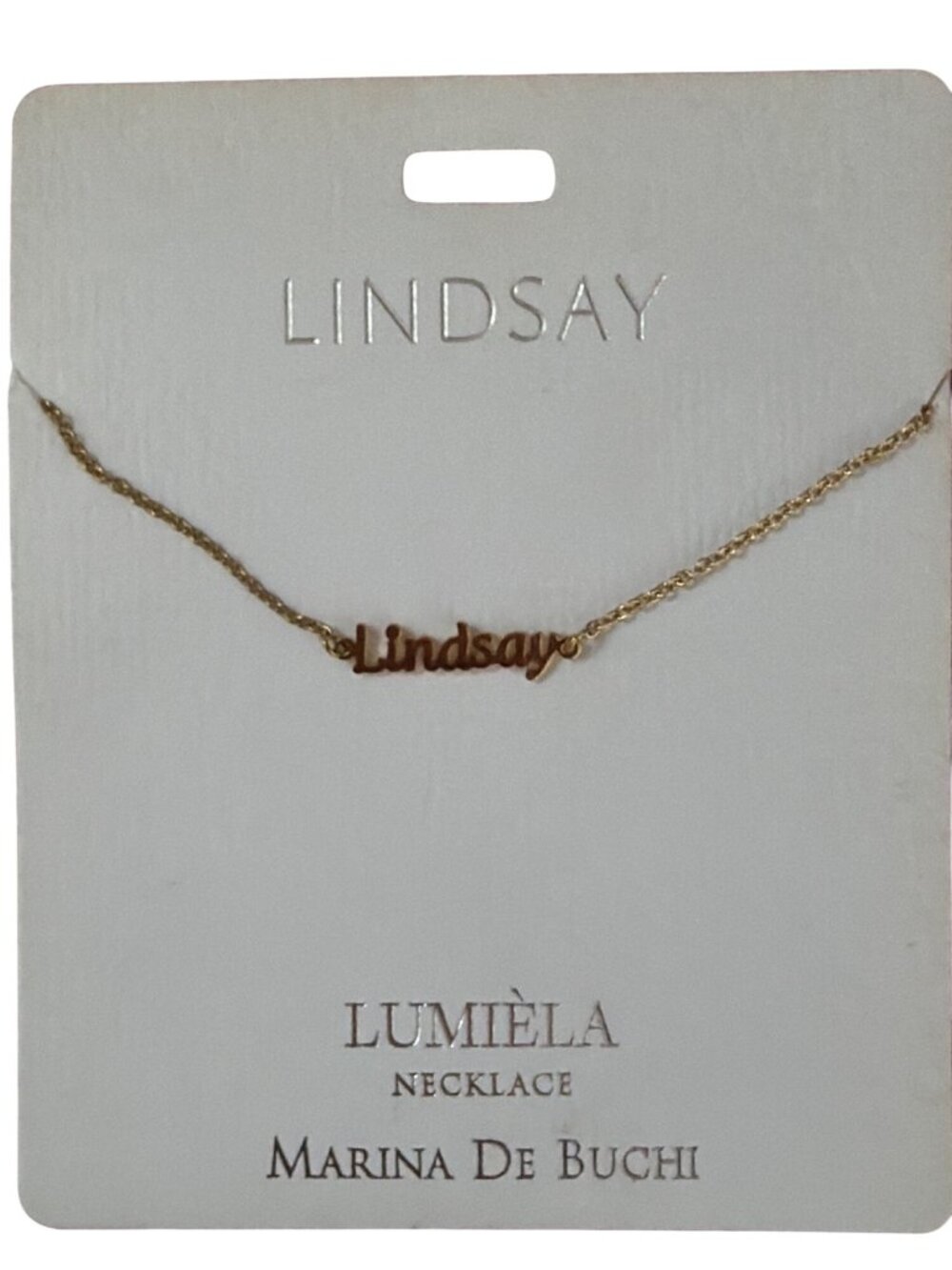 Marina De Buchi Necklace Lindsay Name Script Gold Tone 15" - 20" New on Card